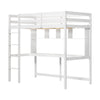 Twin size loft bed in white with integrated desk and shelves, perfect for home or dorm space-saving solutions.