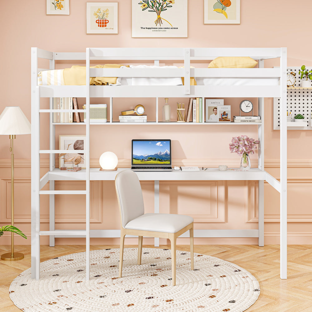 Twin size loft bed in white with integrated desk and shelves, ideal for home or dorm space-saving solutions.