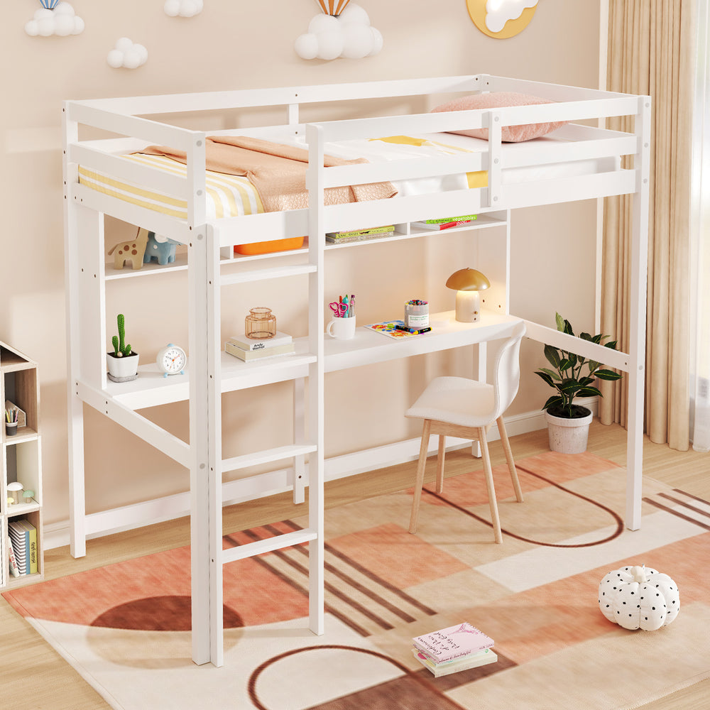 Twin size loft bed in white with integrated desk and shelves, perfect for space-saving in home or dorm settings.
