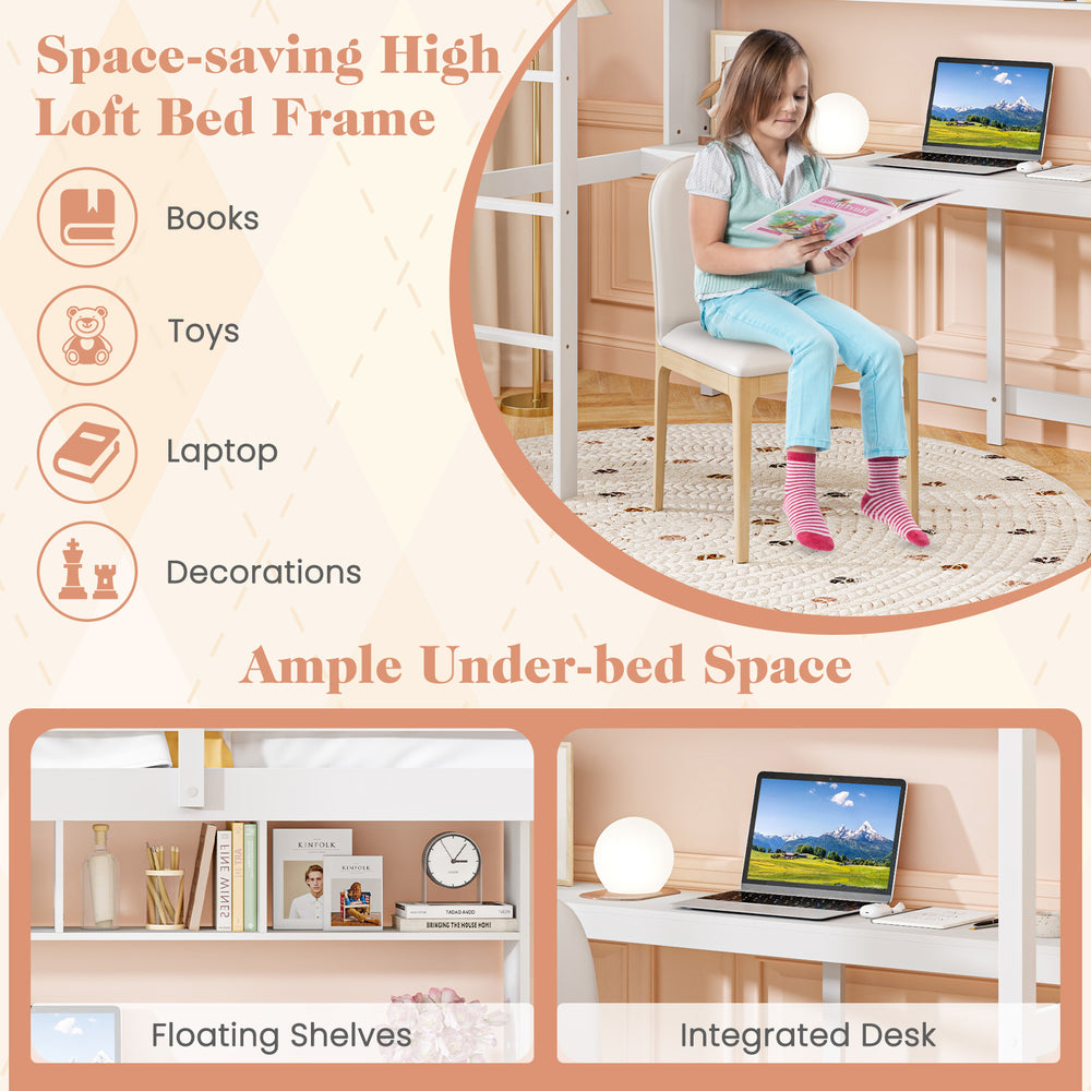 Twin size loft bed in white with integrated desk and floating shelves, ideal for space-saving in dorms or apartments.