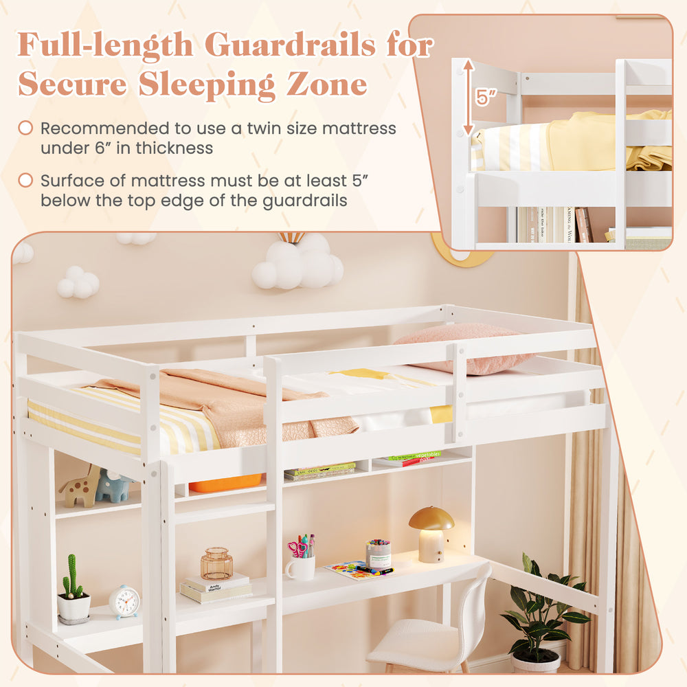 Twin size loft bed with integrated desk and shelves, featuring full-length guardrails for secure sleeping zone.
