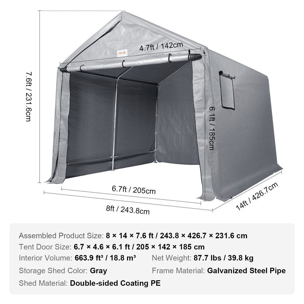 Vevor Outdoor Storage Shelter 8' x 14' x 7.6' Portable Shed with Roll-Up Zipper Door and Ventilated Windows New