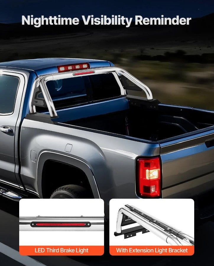 Vevor Truck Bed Roll Bar Chase Rack Adjustable 57"–64" Carbon Steel with LED Light New
