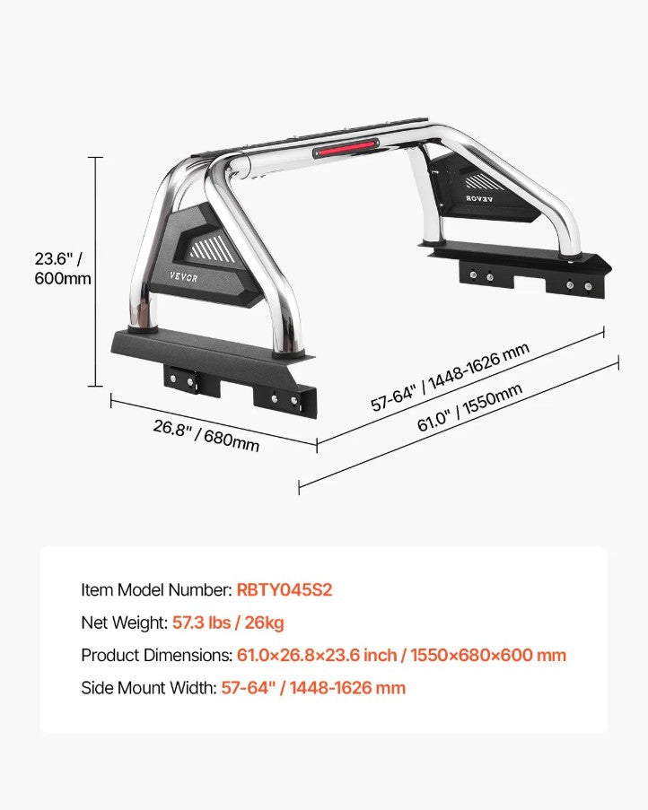 Vevor Truck Bed Roll Bar Chase Rack Adjustable 57"–64" Carbon Steel with LED Light New