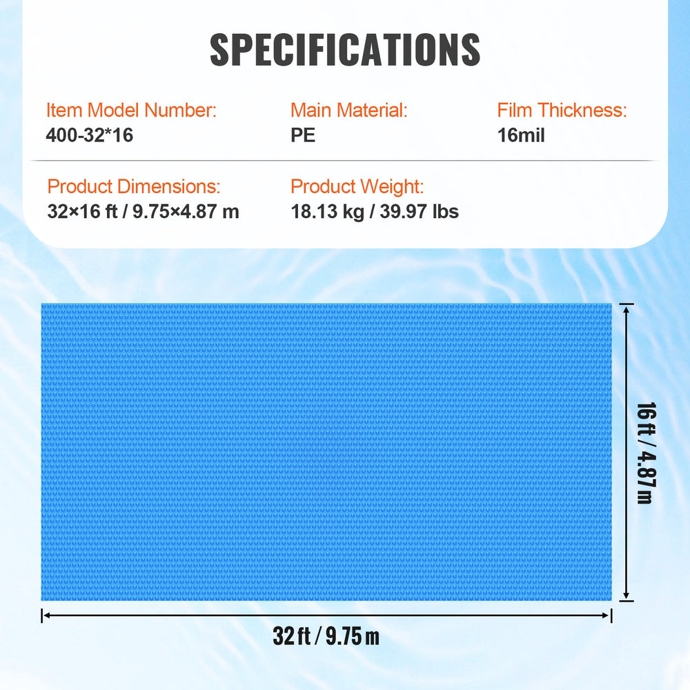 Vevor Solar Pool Cover 32' x 16' Rectangle 16mil Thickness for Inground/Above Ground New