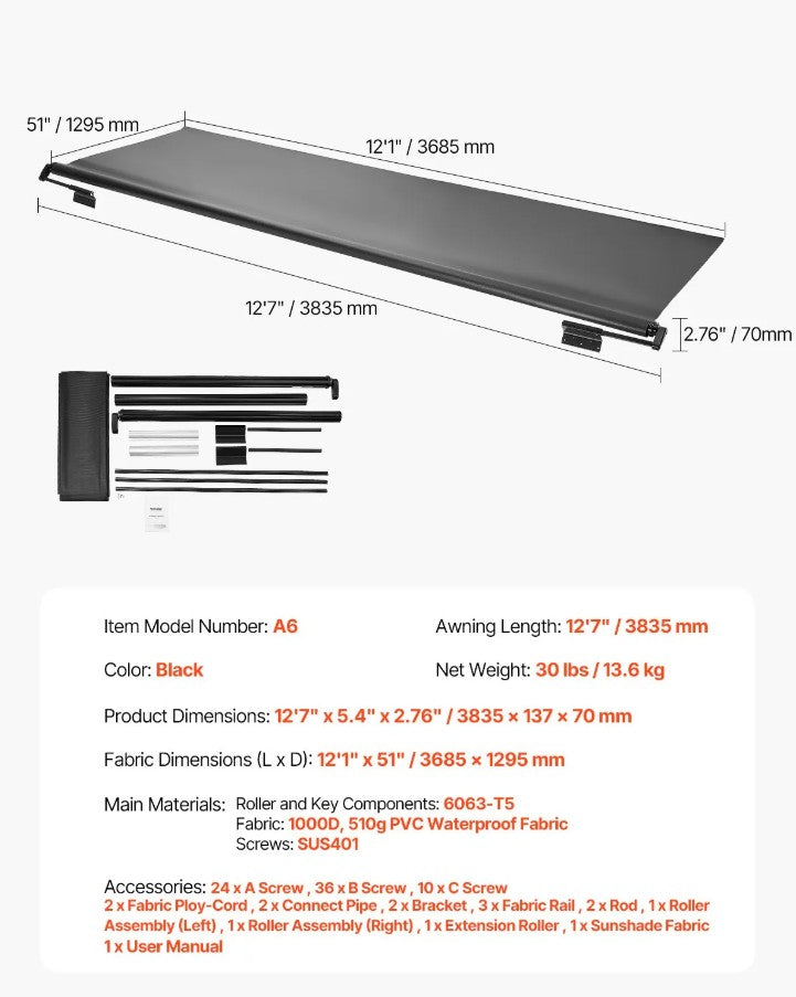 Vevor RV Awning Replacement 12' 1" Fabric Slide Topper New