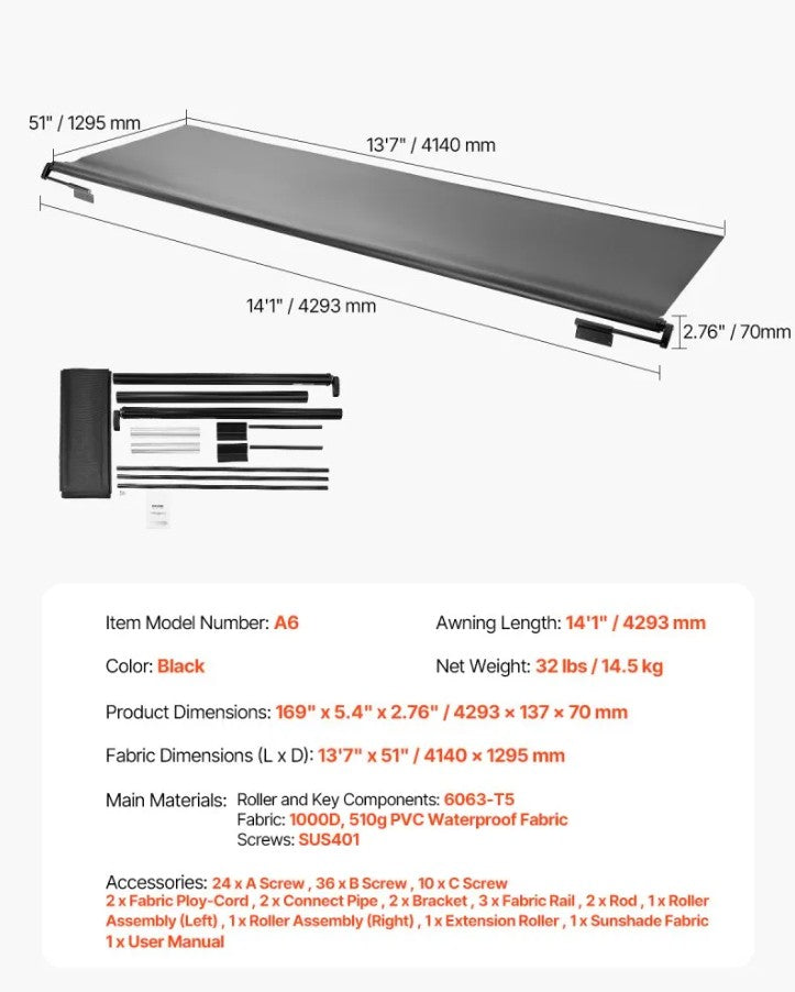 Vevor RV Awning Replacement 13' 7" Fabric Slide Topper New