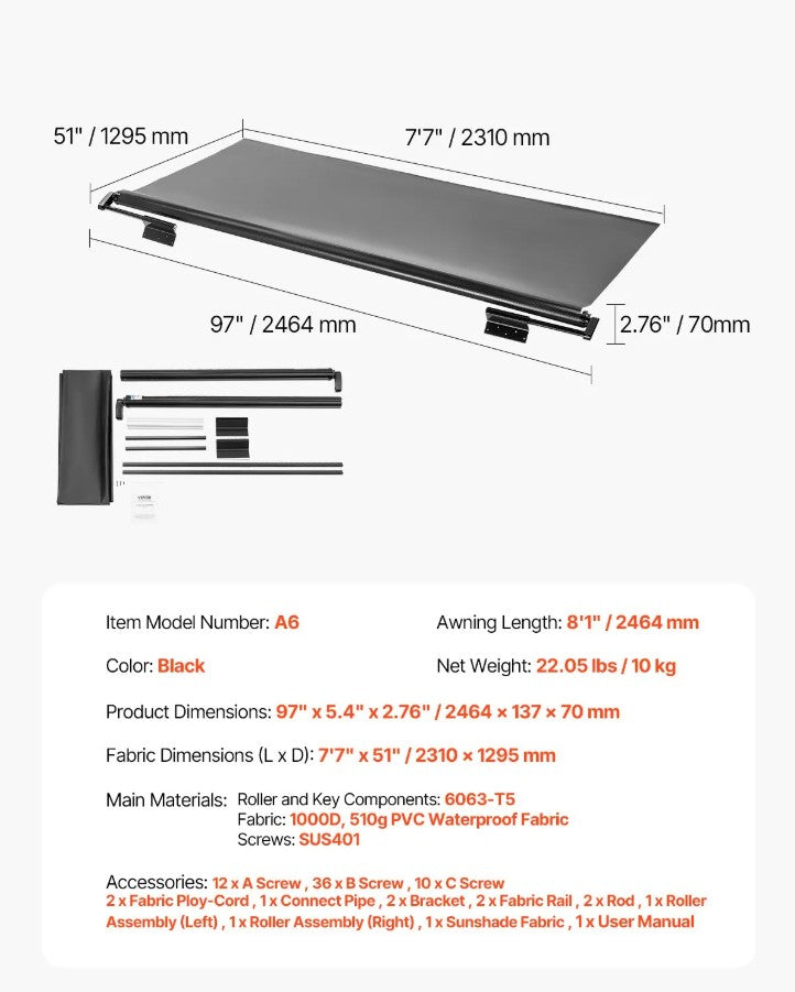 Vevor RV Awning Replacement 7' 7" Fabric Slide Topper New