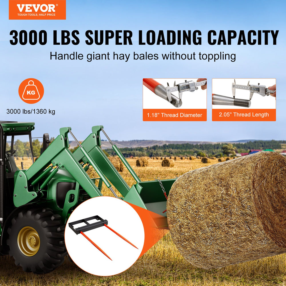 Vevor Hay Spear 49" 3000 Lbs. Loading Capacity Bucket Skid Steer Loader Attachment 60" Chain New