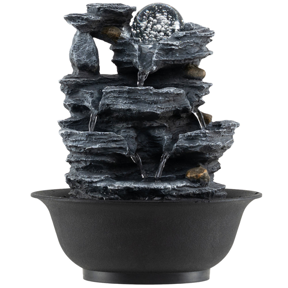 Tabletop water fountain featuring multiple tiers, a rolling crystal ball, and color-changing LED lights for tranquil.