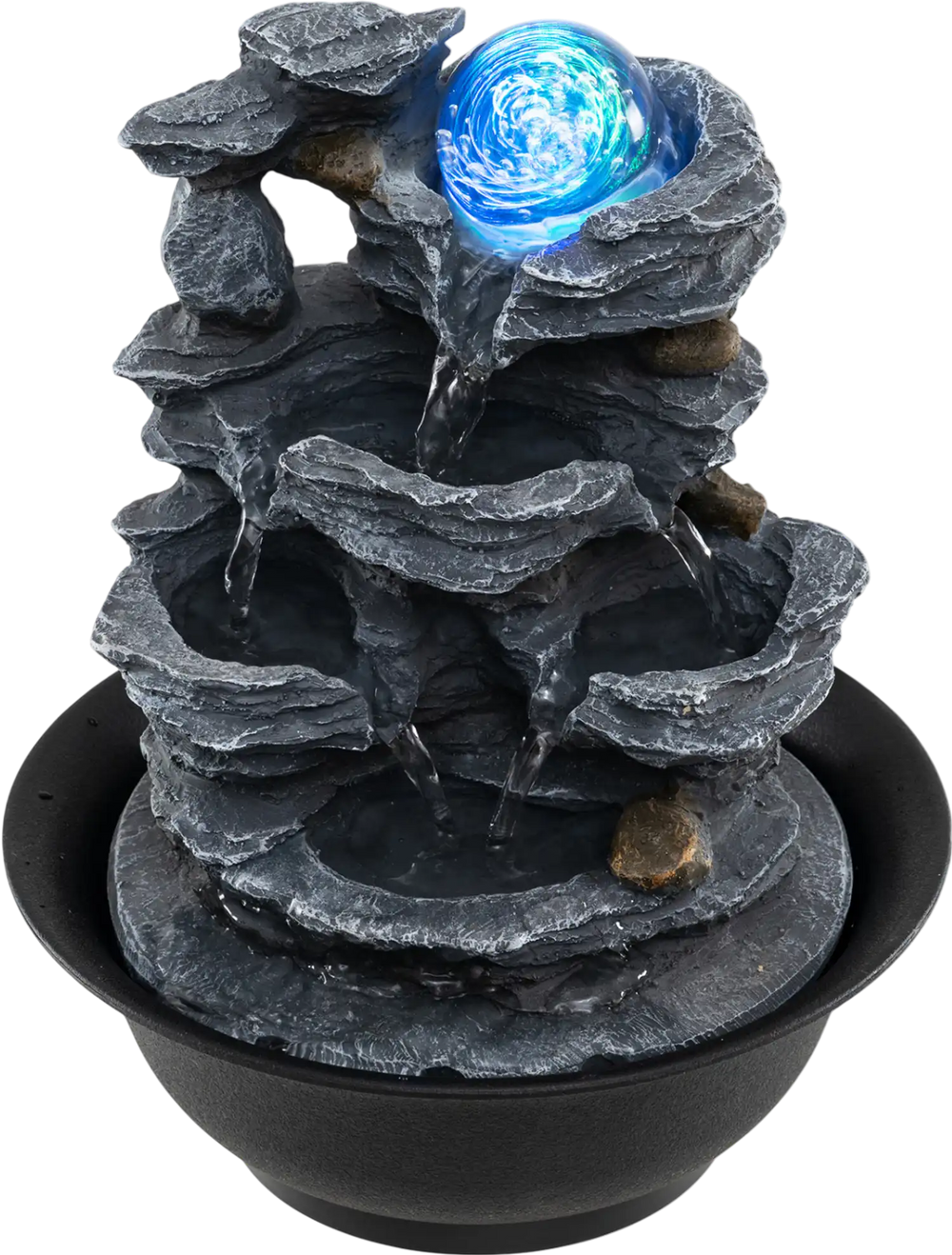 Tabletop water fountain showcasing a close-up of the rolling crystal ball and LED light, enhancing relaxation and.