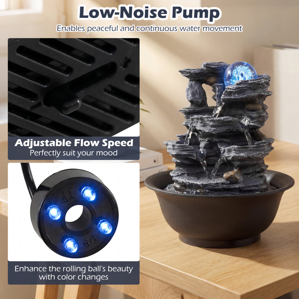 Tabletop water fountain featuring adjustable flow speed, low-noise pump, and color-changing LED light for tranquil.
