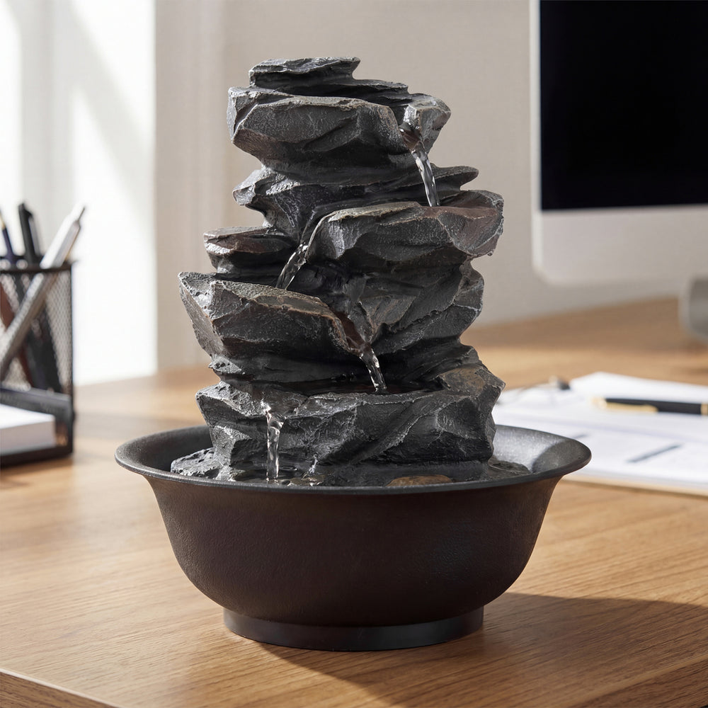 Tabletop water fountain with LED light, featuring multiple tiers and a compact design for indoor desktop use.