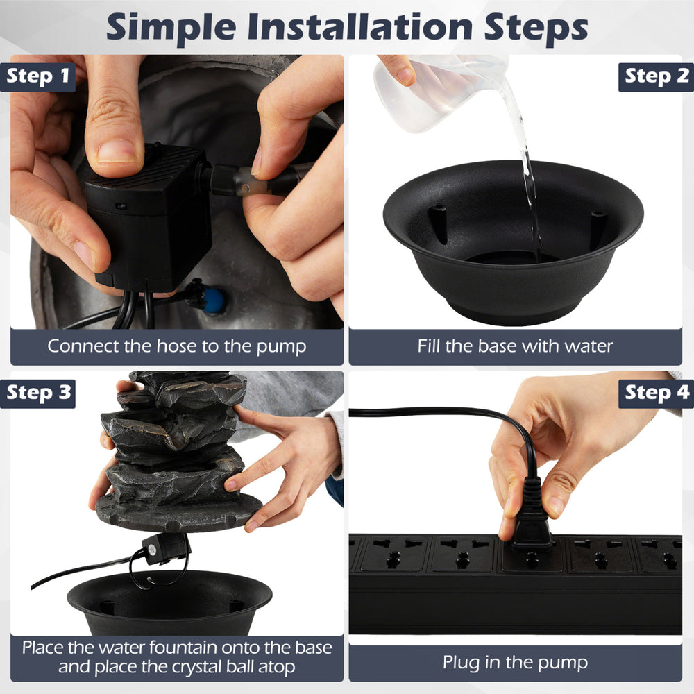 Step-by-step installation guide for the Tabletop Water Fountain with LED Light, showcasing easy assembly instructions.