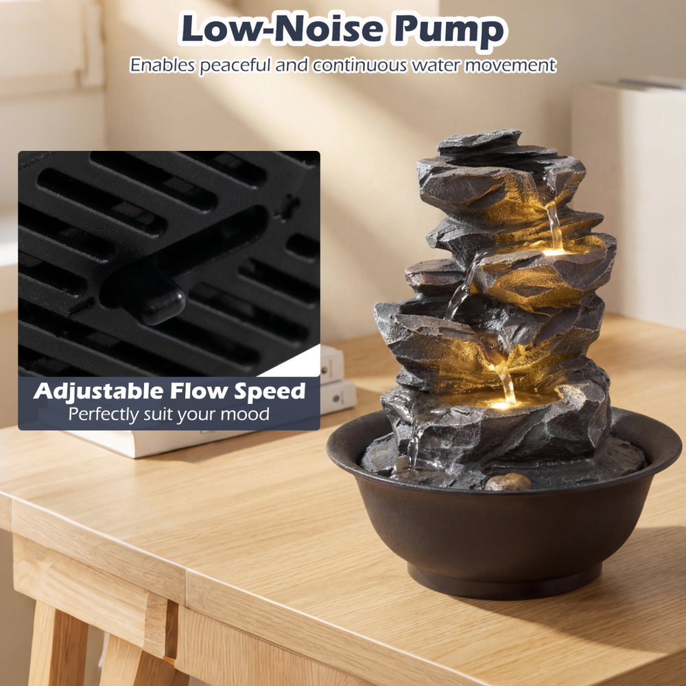 Tabletop water fountain with LED light, featuring adjustable flow speed and low-noise pump for a calming indoor.