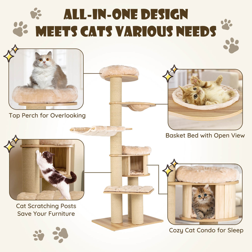 Costway Modern Cat Tree Tower with Scratch Posts and Washable Mats New