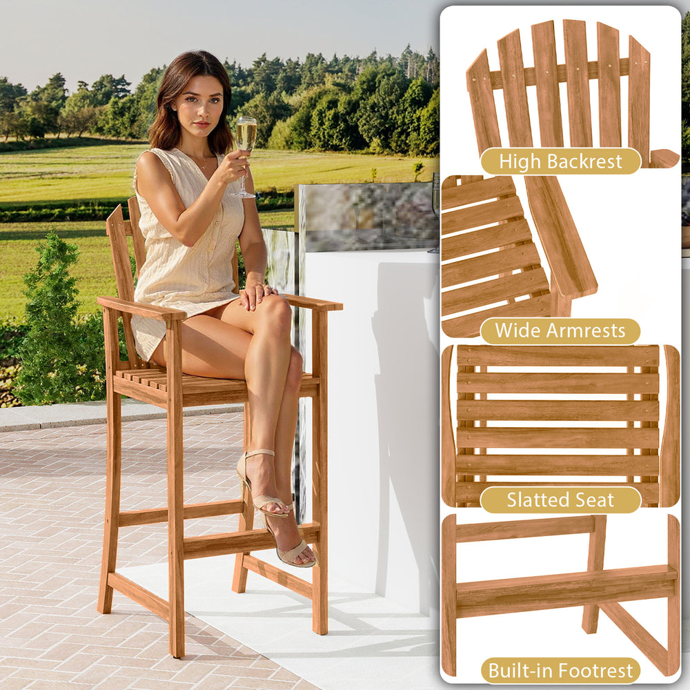 Tall Adirondack chair with armrests and footrest, made of acacia wood, perfect for patio and deck seating.