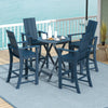 Tall Adirondack chair set in blue with ergonomic backrest, ideal for outdoor bar use and backyard relaxation.