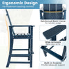 Tall Adirondack chair in blue with ergonomic backrest, wide armrests, and built-in footrest for outdoor bar use.