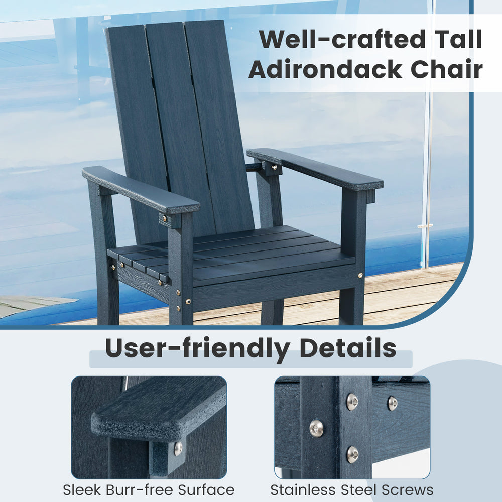 Well-crafted tall Adirondack chair in blue with ergonomic backrest, perfect for outdoor bar tables and maximum comfort.