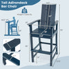 Tall Adirondack bar chair in blue with ergonomic backrest, wide armrests, and waterproof HDPE material for outdoor use.