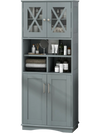 Tall gray bathroom cabinet with acrylic doors, 2 cabinets, and 3 open shelves for versatile storage and easy access.