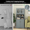 Tall gray bathroom cabinet with acrylic doors, featuring 2 anti-tipping devices for safety and 3 adjustable shelves.