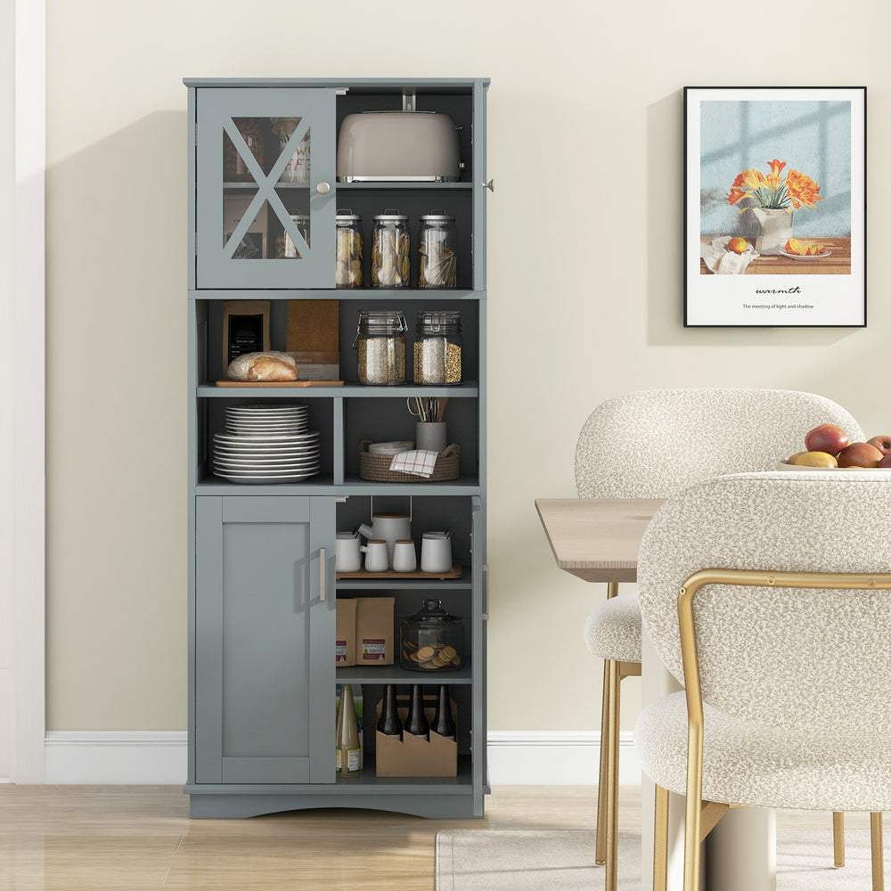 Tall gray bathroom cabinet with acrylic doors, featuring a smooth waterproof surface and magnetic door catches for easy.