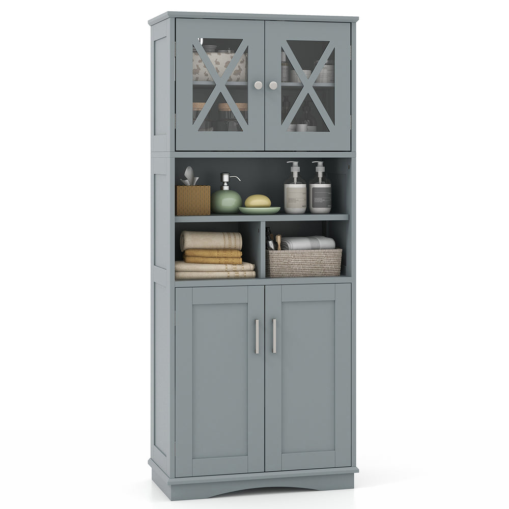 Tall gray bathroom cabinet with acrylic doors, featuring 2 cabinets and 3 adjustable open shelves for versatile storage.