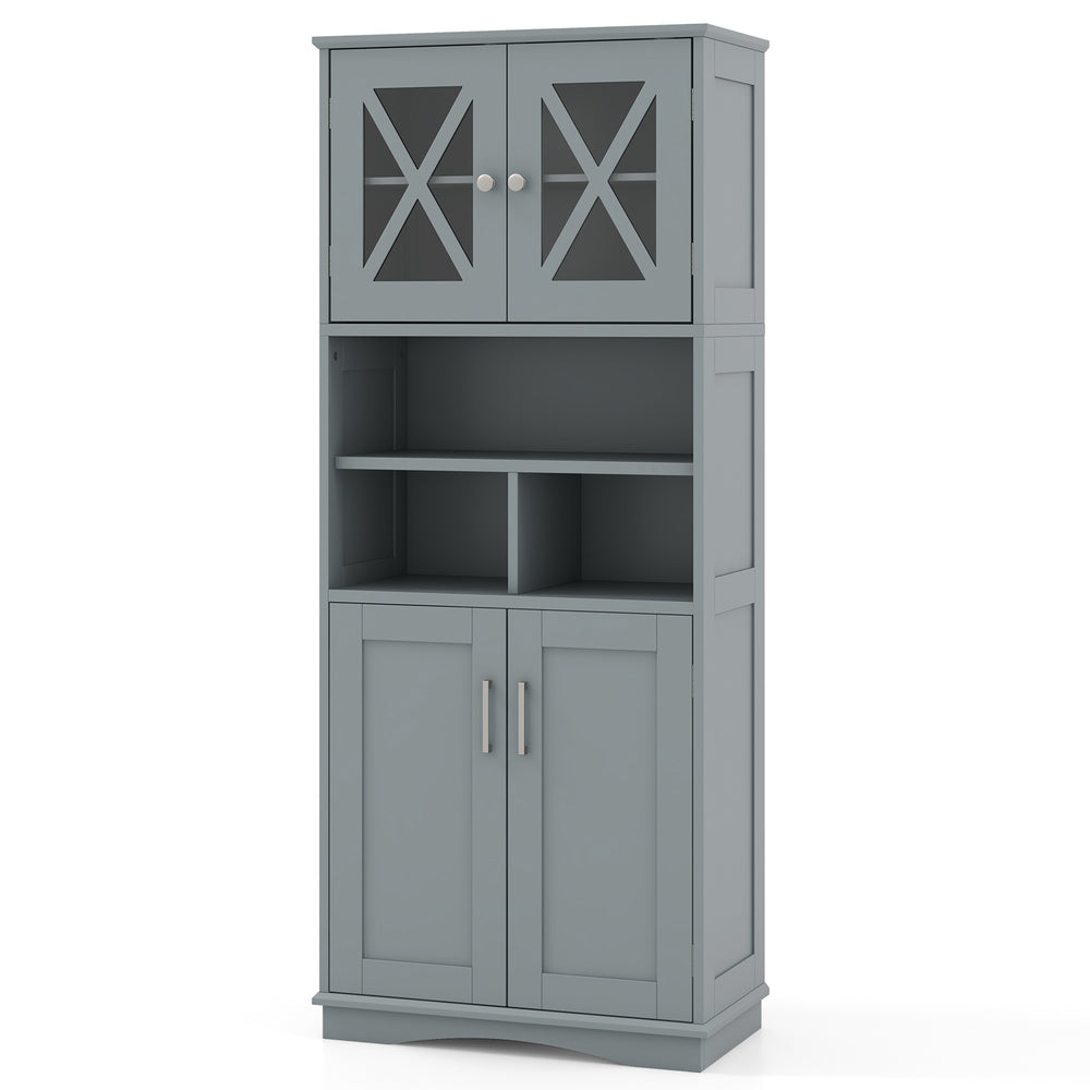 Tall gray bathroom cabinet with acrylic doors, featuring 2 cabinets and 3 open shelves for versatile storage.