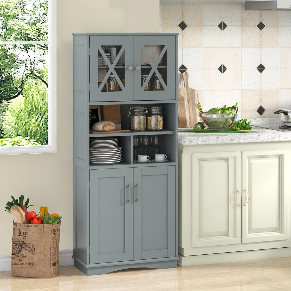 Tall gray bathroom cabinet with acrylic doors, showcasing 3 open shelves and a stable base for added safety in storage.