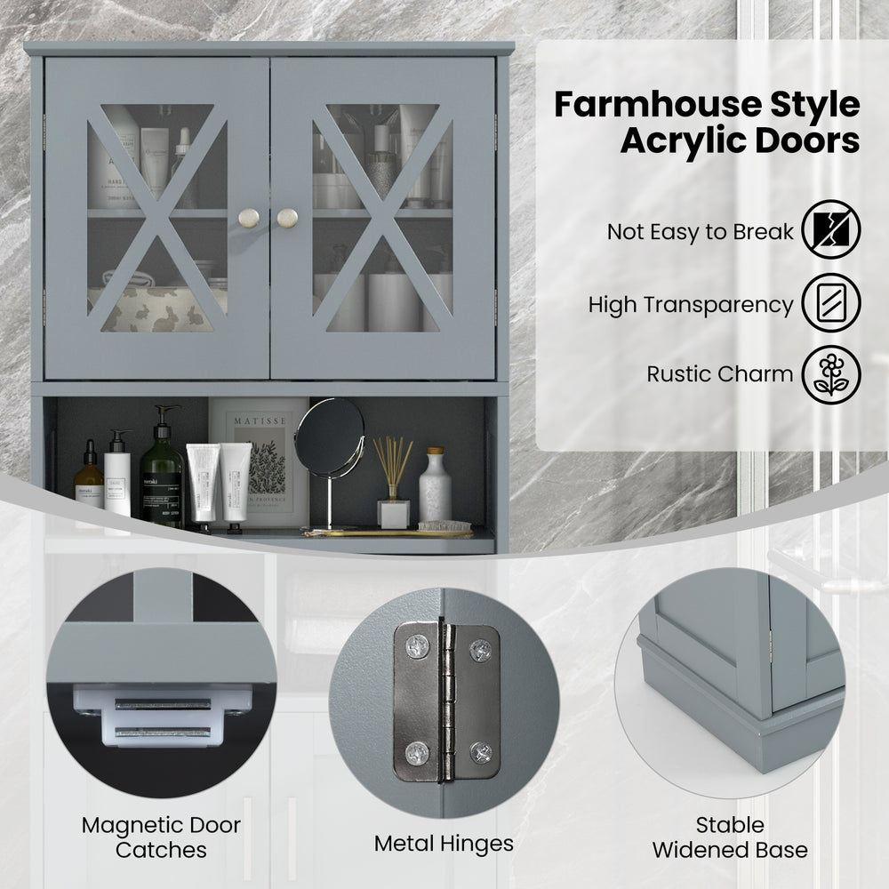 Tall gray bathroom cabinet with acrylic doors, 2 cabinets, and 3 adjustable shelves for versatile storage.