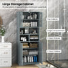 Tall gray bathroom cabinet with acrylic doors, showcasing a stable base and convenient handles for easy access to.