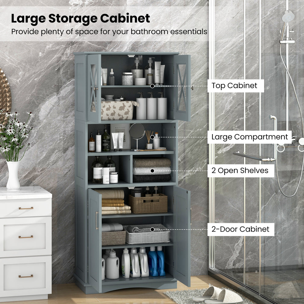 Tall gray bathroom cabinet with acrylic doors, showcasing a stable base and convenient handles for easy access to.