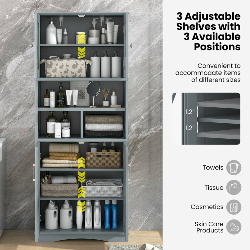 Tall gray bathroom cabinet with acrylic doors and 3 adjustable shelves for versatile storage of essentials.