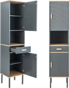 Narrow gray free-standing bathroom cabinet with doors and drawer, featuring adjustable shelves and solid metal legs.