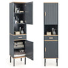 Narrow gray free-standing bathroom cabinet with doors and drawer, featuring adjustable shelves and solid metal legs for.