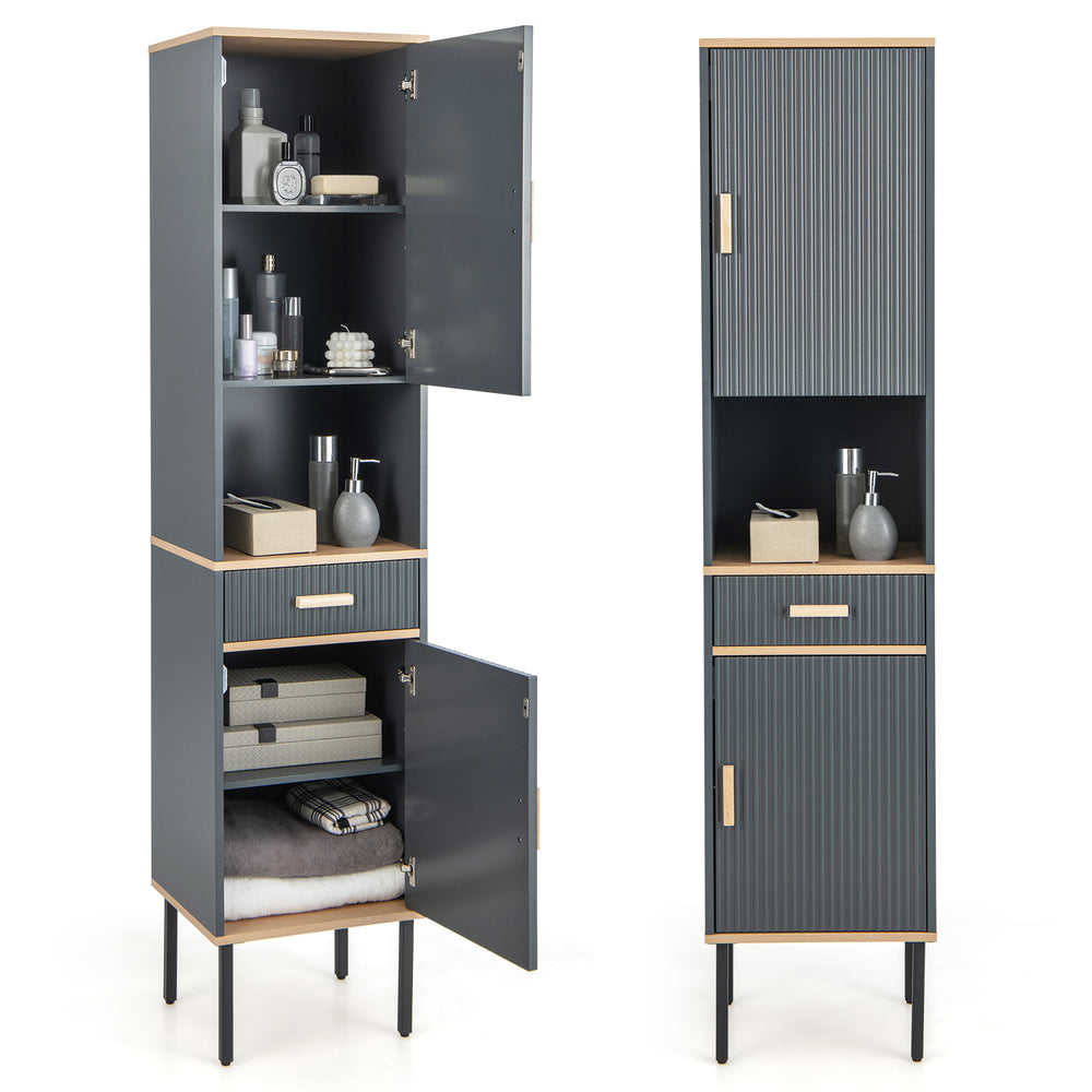 Narrow gray free-standing bathroom cabinet with doors and drawer, featuring adjustable shelves and solid metal legs for.