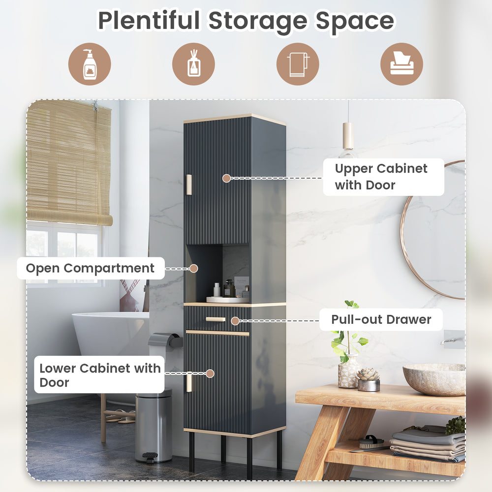 Free-standing gray bathroom cabinet with doors and drawer, featuring adjustable shelves and solid metal legs for.