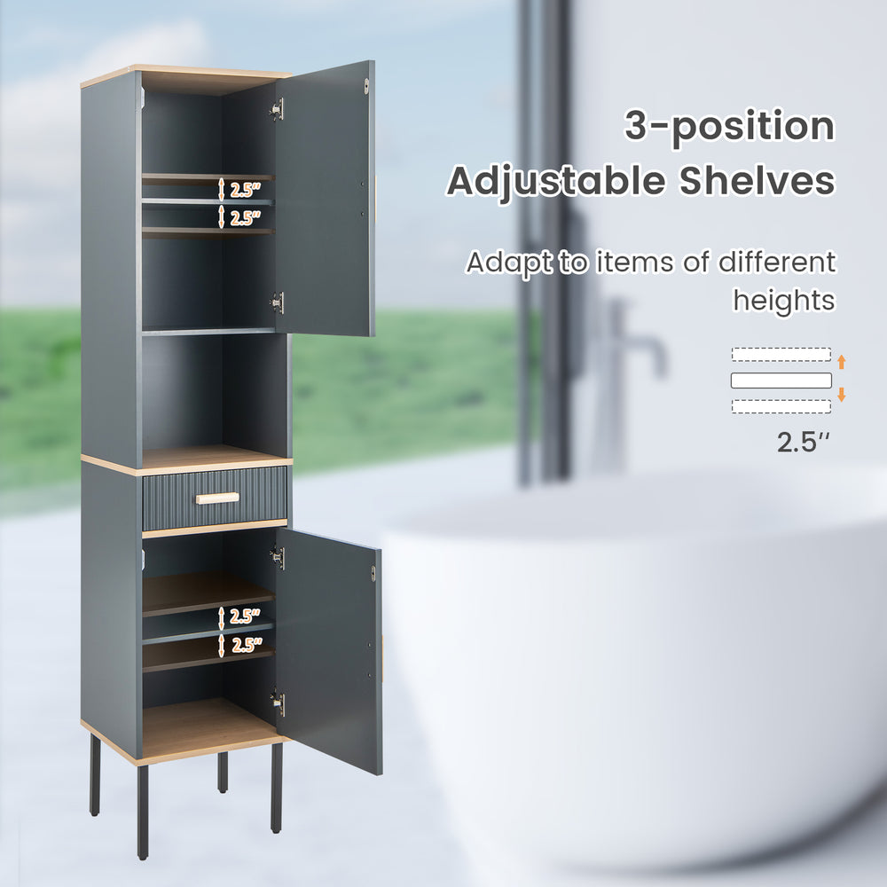 Narrow gray free-standing bathroom cabinet with adjustable shelves, drawer, and solid metal legs for versatile storage.
