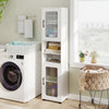 Tall white bathroom storage cabinet with fluted doors, featuring two cabinets and two open shelves for versatile.