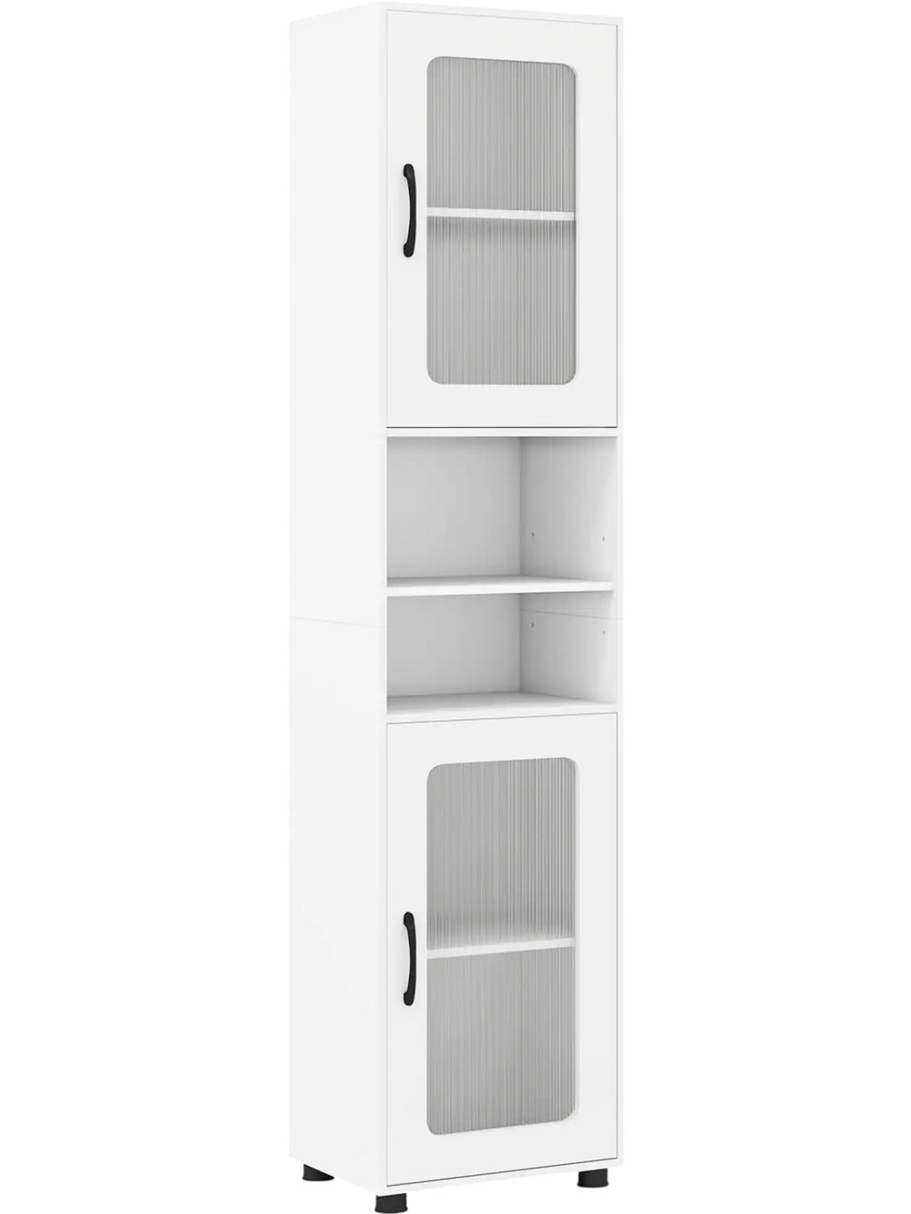 Tall white bathroom storage cabinet with fluted doors, featuring 2 cabinets and 2 open shelves for versatile.