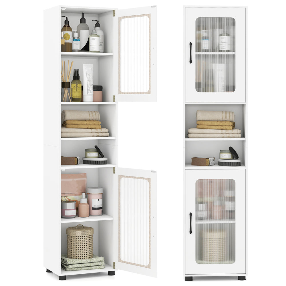 Tall bathroom storage cabinet in white with transparent fluted doors and adjustable shelves, ideal for compact areas.