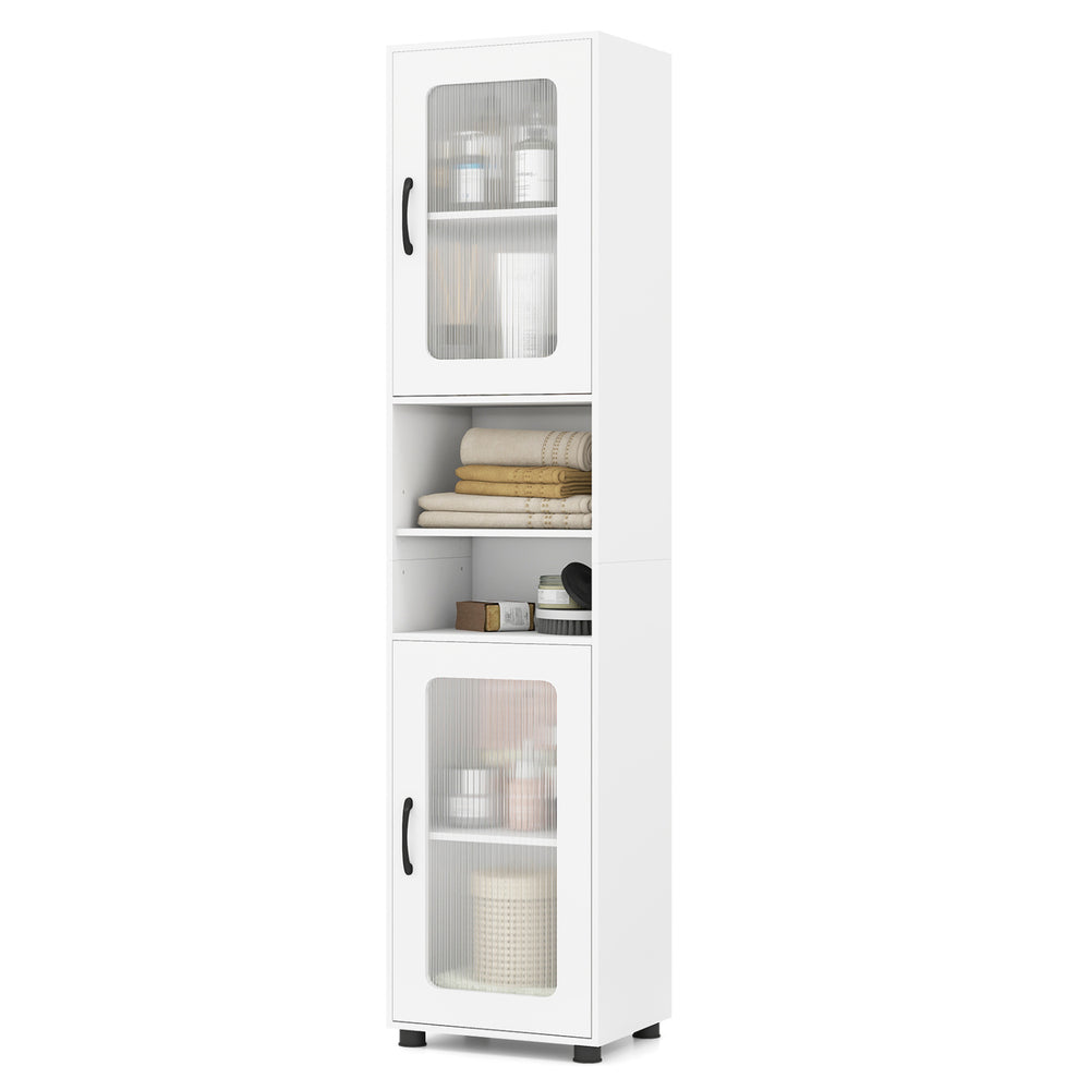 Tall white bathroom storage cabinet with fluted doors, two cabinets, and adjustable shelves for versatile organization.