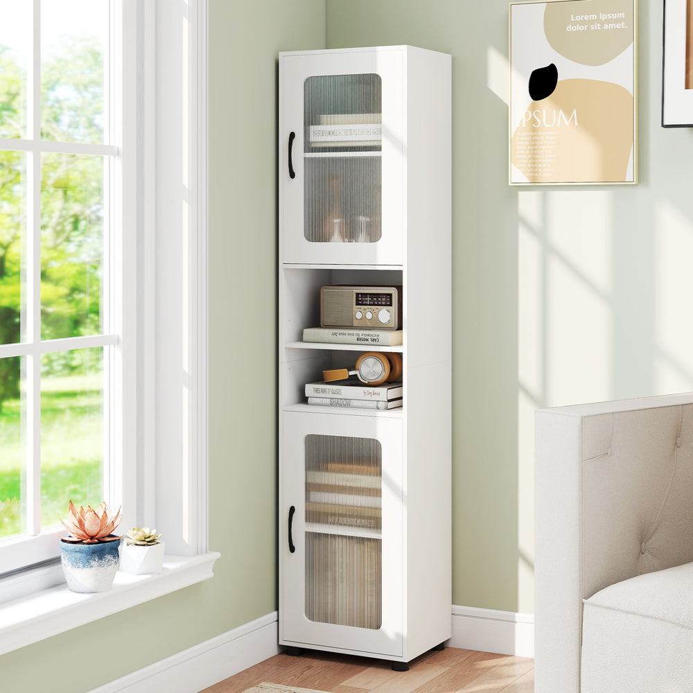 Tall white bathroom storage cabinet with fluted doors, adjustable shelf, and open shelves, perfect for small spaces.