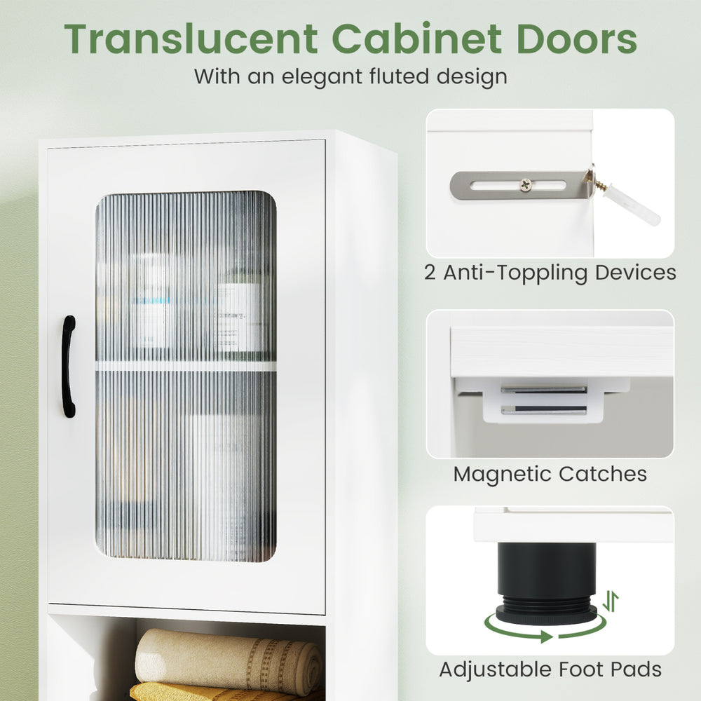 Tall bathroom storage cabinet with translucent fluted doors, adjustable shelves, and anti-toppling devices for.