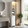 Tall white bathroom storage cabinet with LED lights, adjustable shelves, and a push-to-open glass door for easy access.