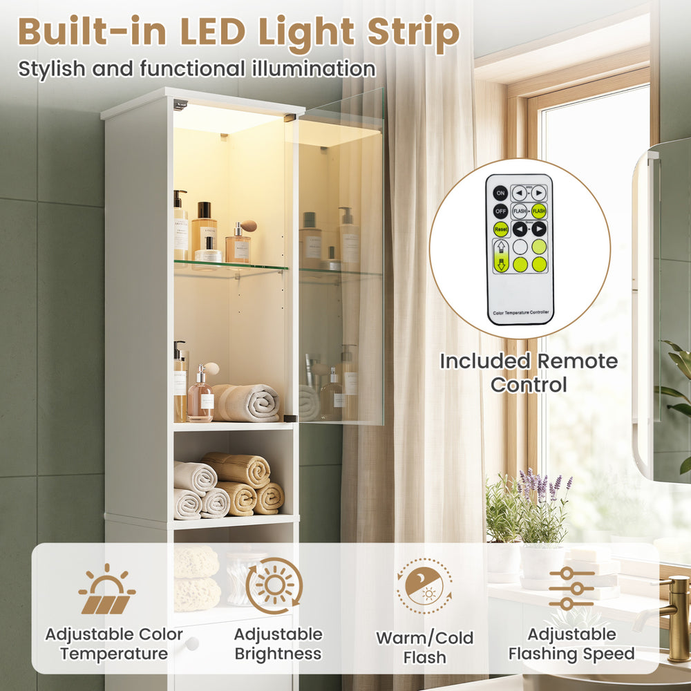 Tall bathroom storage cabinet in white with built-in LED lights, adjustable shelves, and remote control for versatile use.