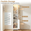 Tall bathroom storage cabinet in white with LED lights, adjustable shelves, and a glass door for versatile organization.