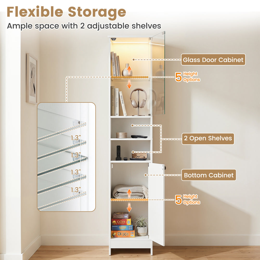 Tall bathroom storage cabinet in white with LED lights, adjustable shelves, and a glass door for versatile organization.
